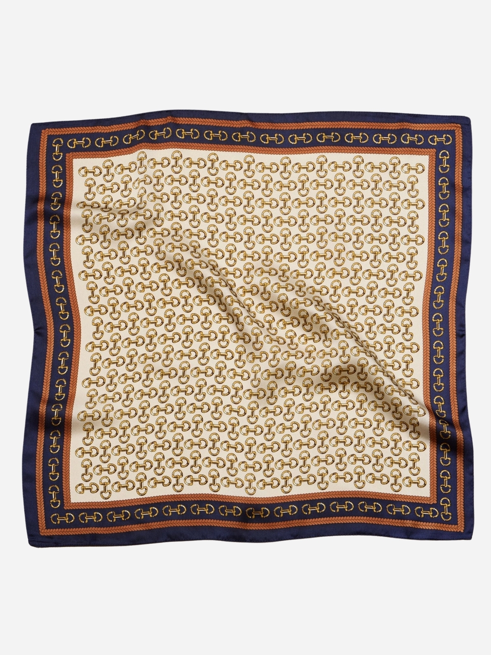 Silk-feel Navy and Cream Silk Scarf with Gold Chain Print 70*70cm